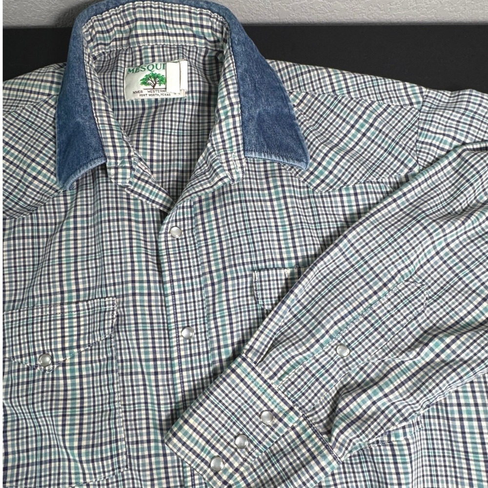 MESQUITE‎ Plaid Long Sleeve Western Shirt Denim Collar Pearl Snap Mens 16.5-35